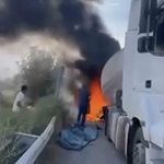 Iğdır'da seyir halindeki tankerin lastikleri alev aldı
