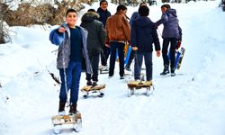 Köy çocukları tahta kızaklarla ara tatilin keyfini çıkarıyor