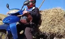 Motosikletin arkasına el arabası bağladı, ot taşıdı