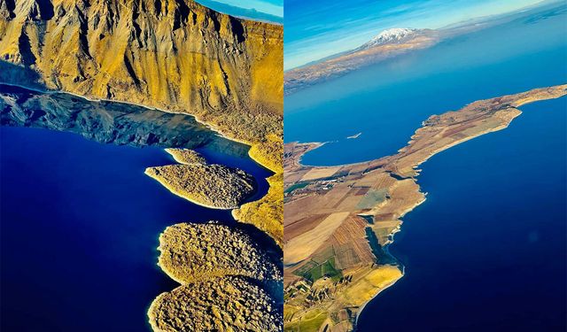 Nemrut Krater Gölü ve Adabağ köyü havadan görüntülendi