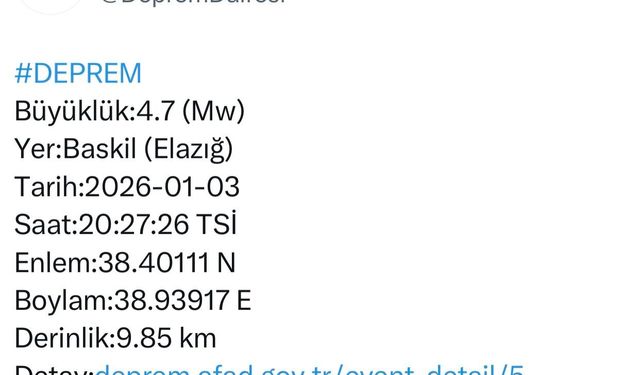 Elazığ'da 4.7 büyüklüğünde deprem meydana geldi