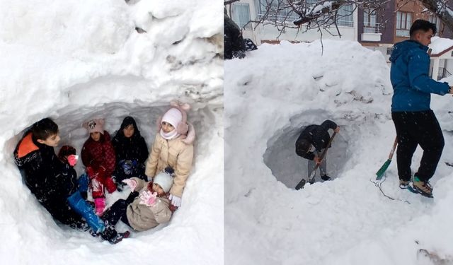 Bitlis’te çocuklar kardan iglo ev yaptı