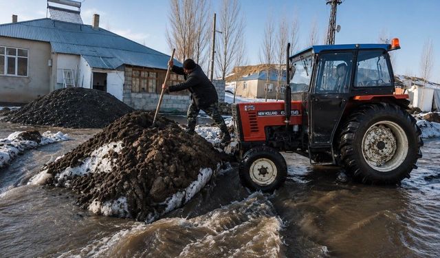 Ağrı'da köylüler sel sularına traktörlerle çözüm buldu