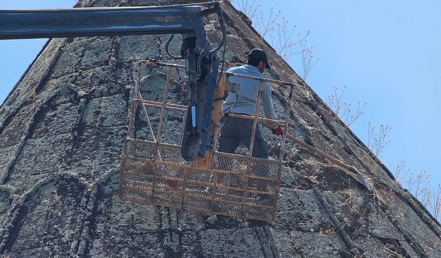 Ahlat’taki tarihi kümbetlerde ot temizliği çalışması