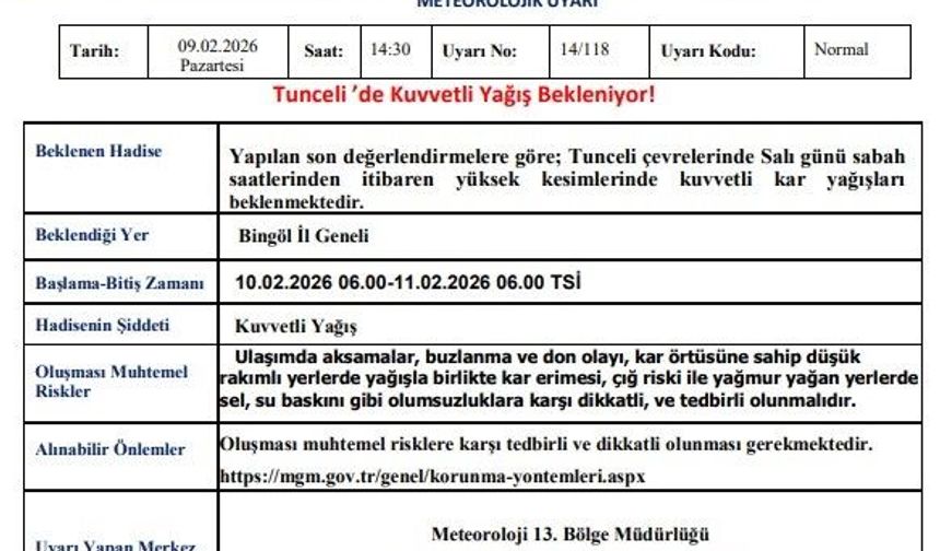 Meteorolojiden Tunceli’ye kar alarmı