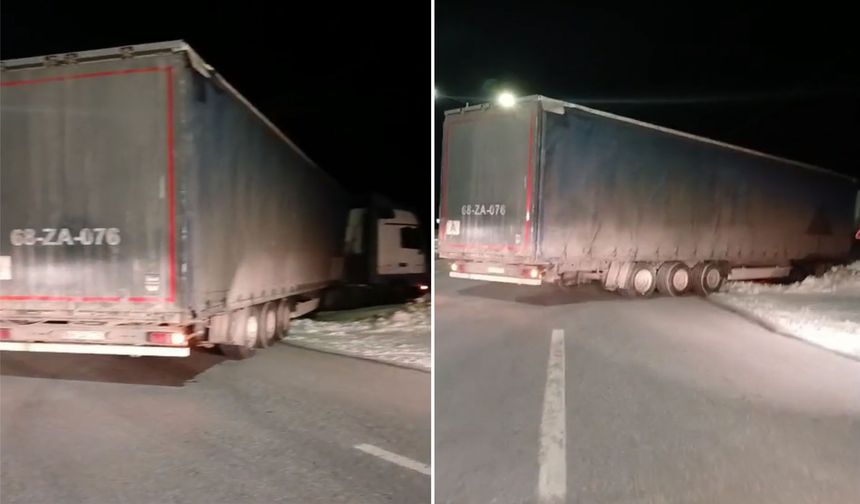 Makaslama yapan tır yolu trafiğe kapattı