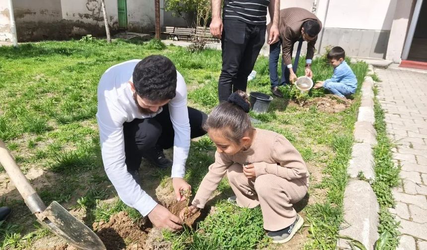 Hizan'da minik öğrencilerden gül fidanı dikme etkinliği